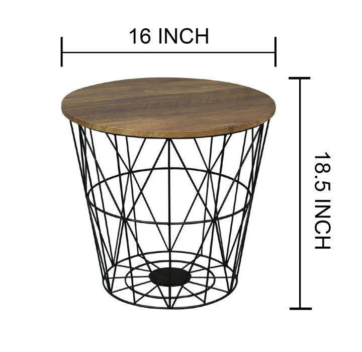 Metal Wire Removable Wood Top Foldable Round Coffee Side Table Storage Basket