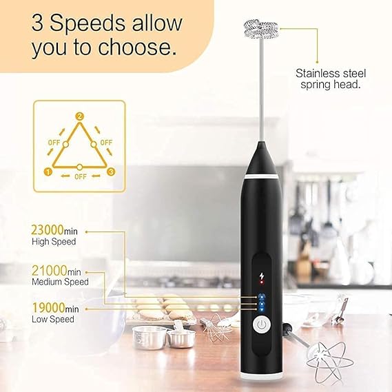 USB Rechargeable 3 in 1 Coffee Frother & Egg Beater Perfect for Lattes, Shakes, & More