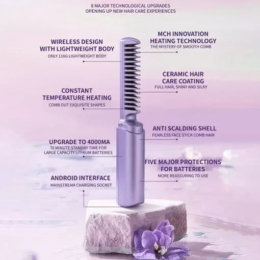 Hair Straightener Rechargeable Cordless Travel Comb - 2025 Latest Hairdressing Comb