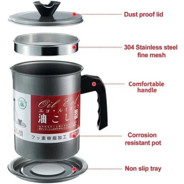 Stainless Steel Oil Storage and Filtration Pot With Lid 1.4L