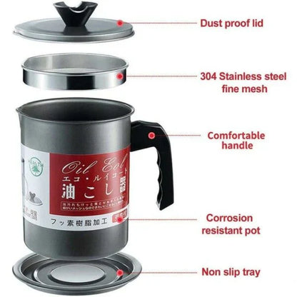 Stainless Steel Oil Storage and Filtration Pot With Lid 1.4L