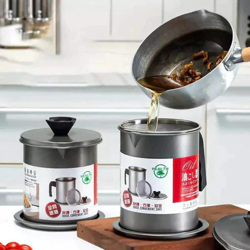 Stainless Steel Oil Storage and Filtration Pot With Lid 1.4L