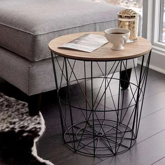 Metal Wire Removable Wood Top Foldable Round Coffee Side Table Storage Basket