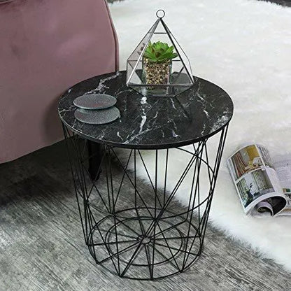 Metal Wire Removable Wood Top Foldable Round Coffee Side Table Storage Basket