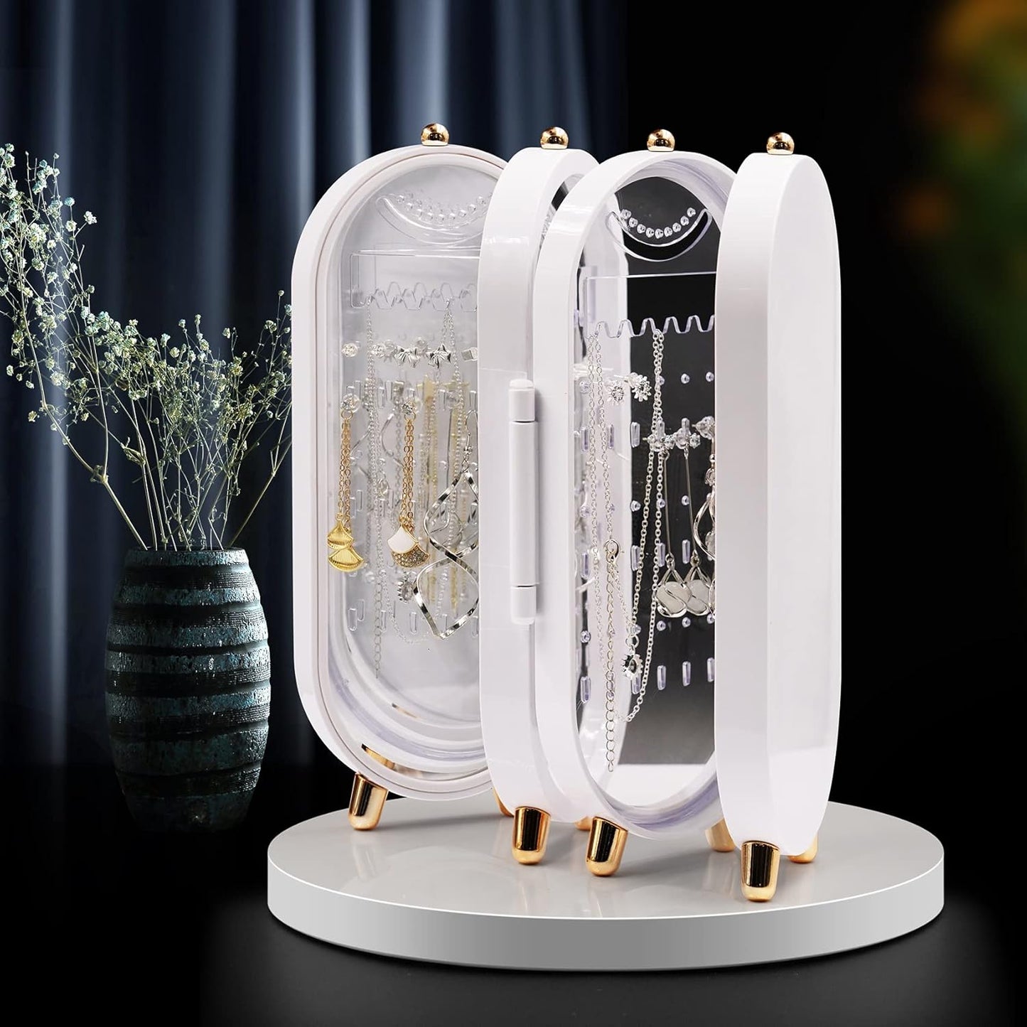 Unique & Multi Storage 4 Doors Earring Holder Stand with Mirror