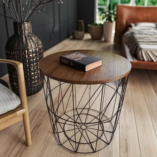 Metal Wire Removable Wood Top Foldable Round Coffee Side Table Storage Basket