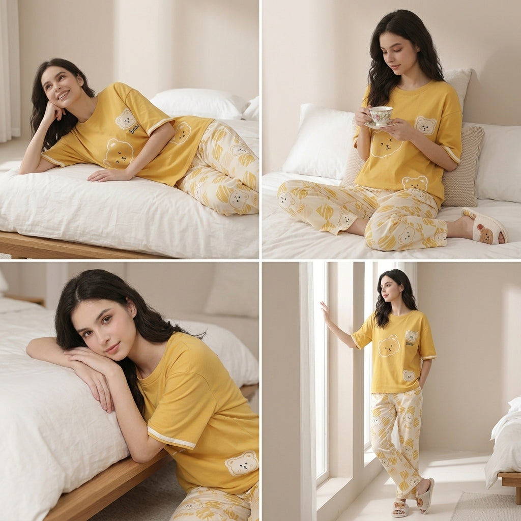 Double Bear Printed Soft Cotton Pajama Set