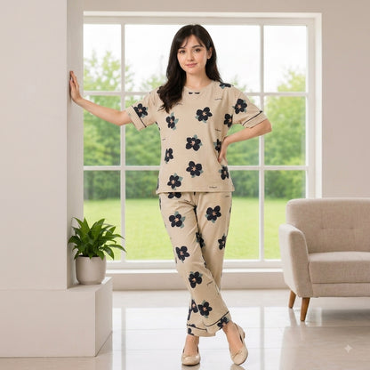 Brown Big Flowers Printed Night Suit Pajama Set
