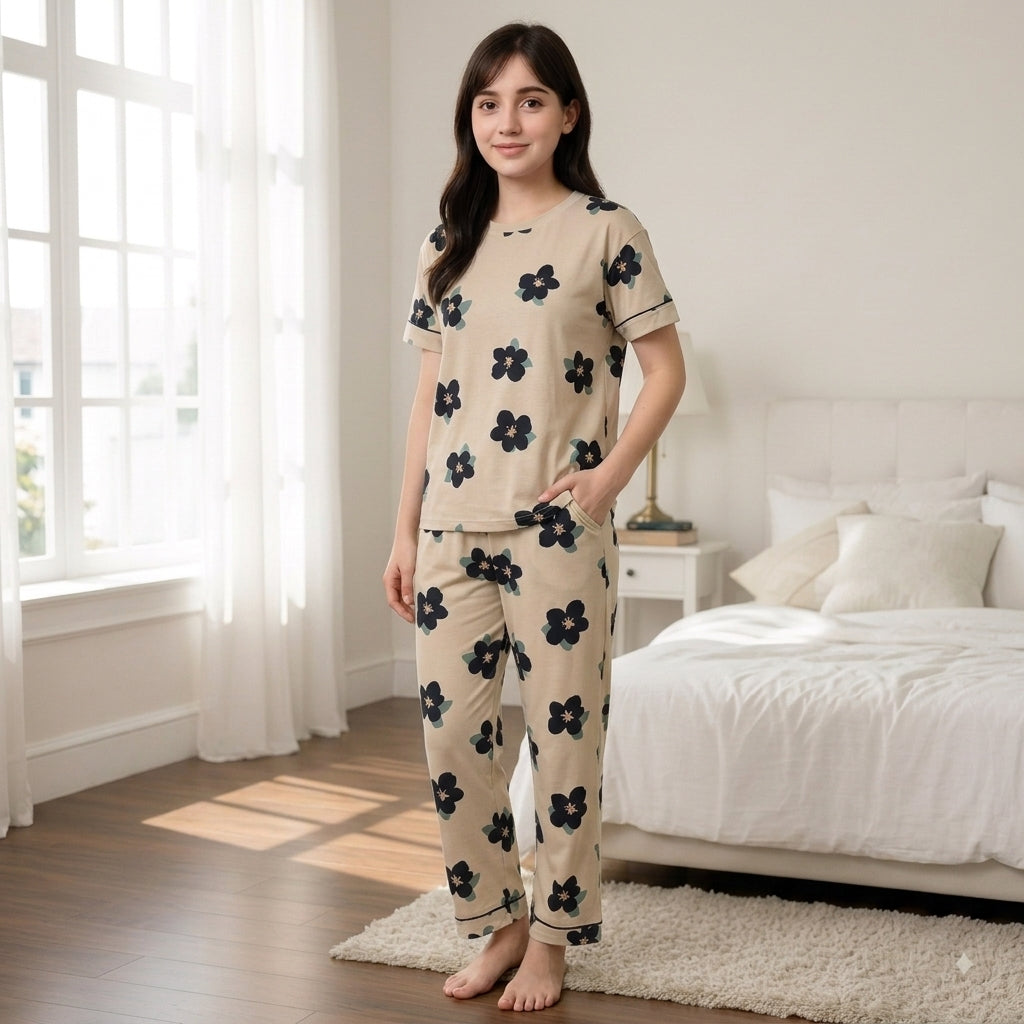Brown Big Flowers Printed Night Suit Pajama Set