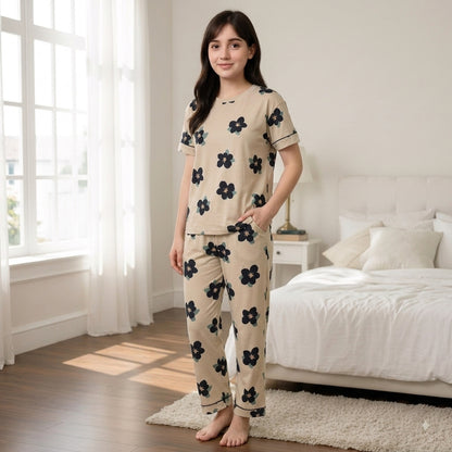 Brown Big Flowers Printed Night Suit Pajama Set