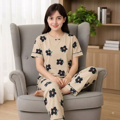 Brown Big Flowers Printed Night Suit Pajama Set
