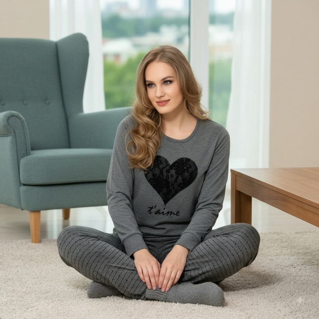 Black Heart Printed Night Suit Pajama Set