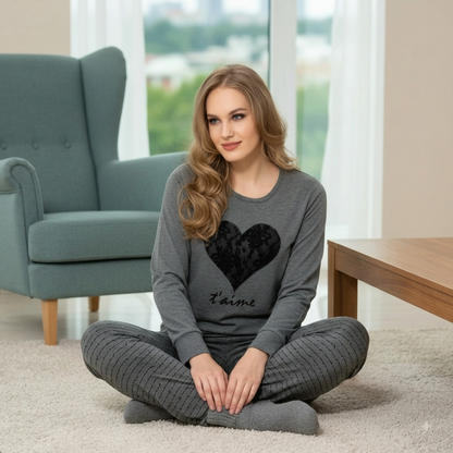 Black Heart Printed Night Suit Pajama Set