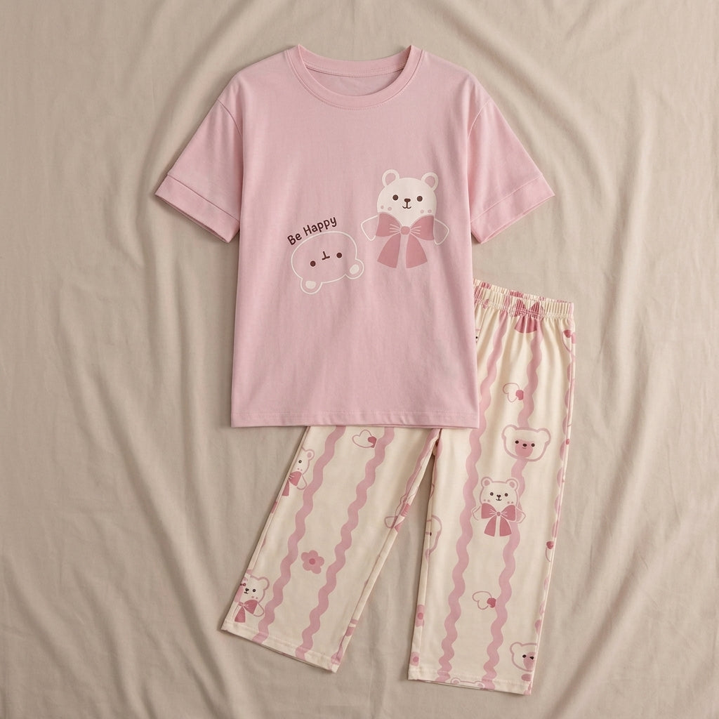 Cute Bear Print Night Suit Pajama Set