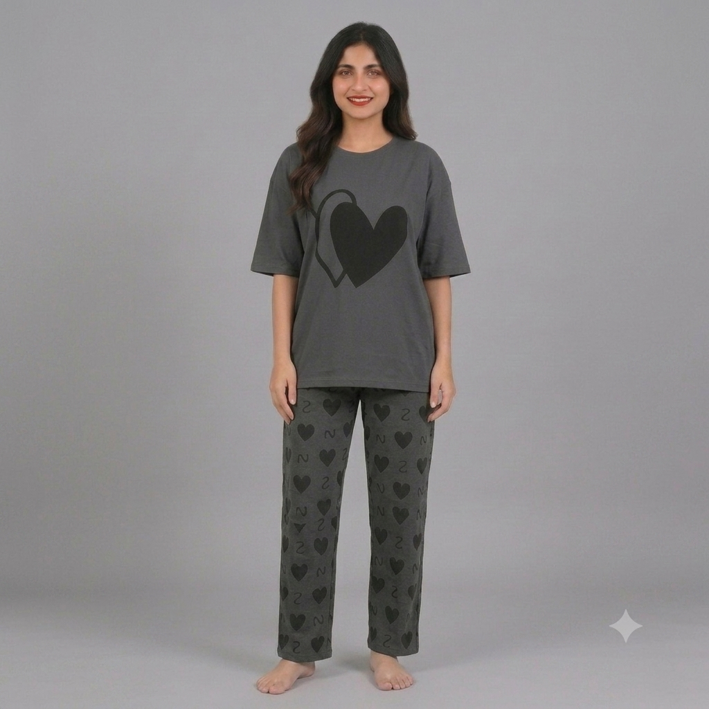 Grey Double Heart Pajama Set