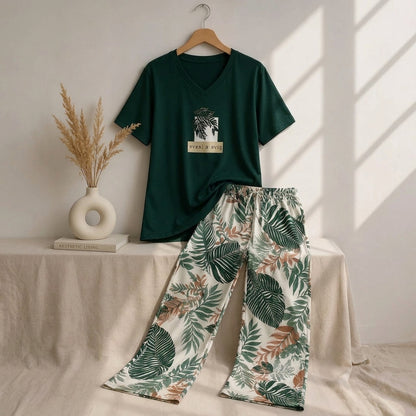 Green Leaf Print Best Girls Nightwear Pajama Set