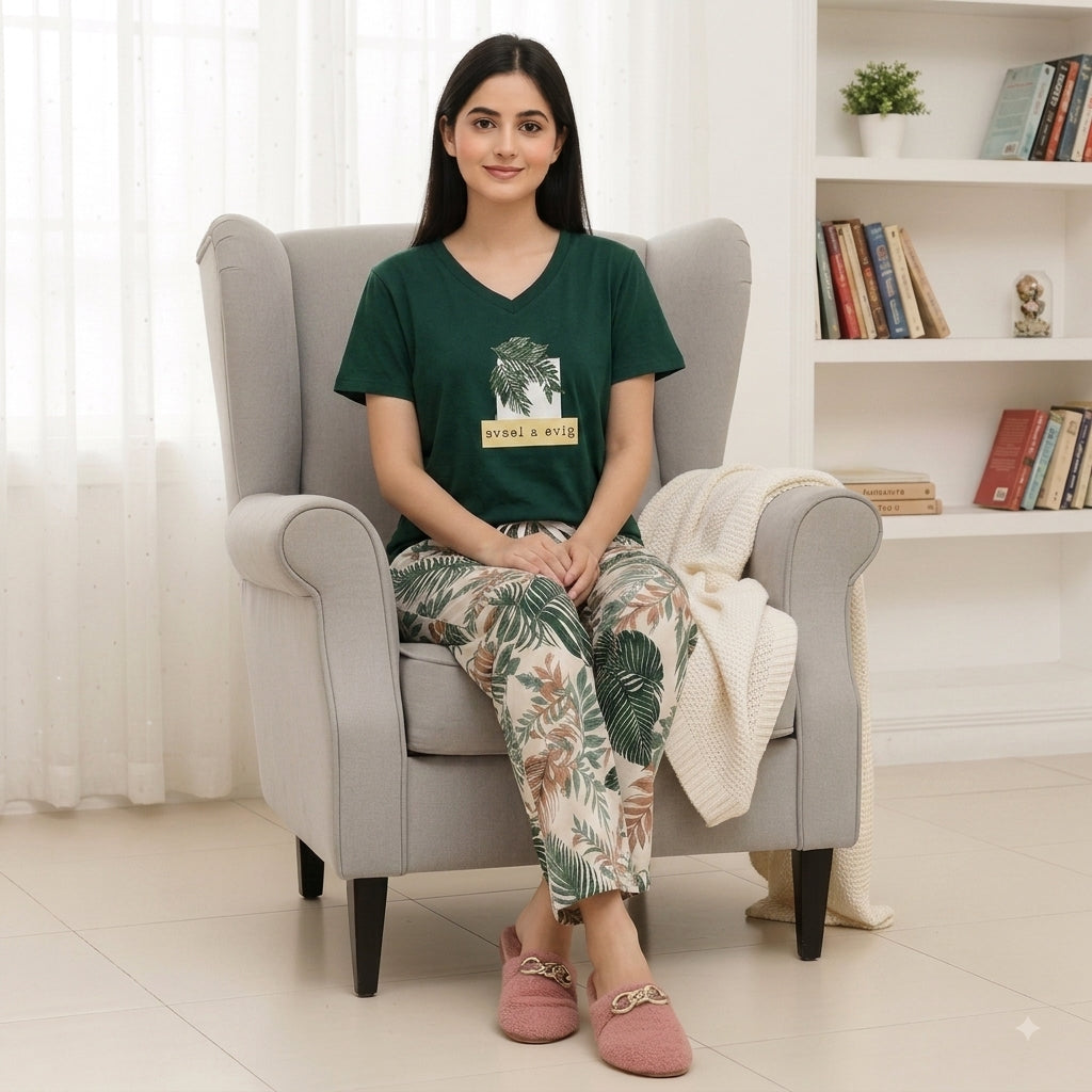Green Leaf Print Best Girls Nightwear Pajama Set