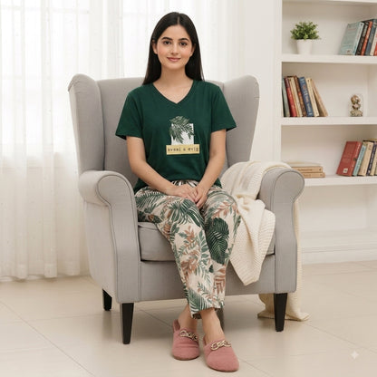 Green Leaf Print Best Girls Nightwear Pajama Set