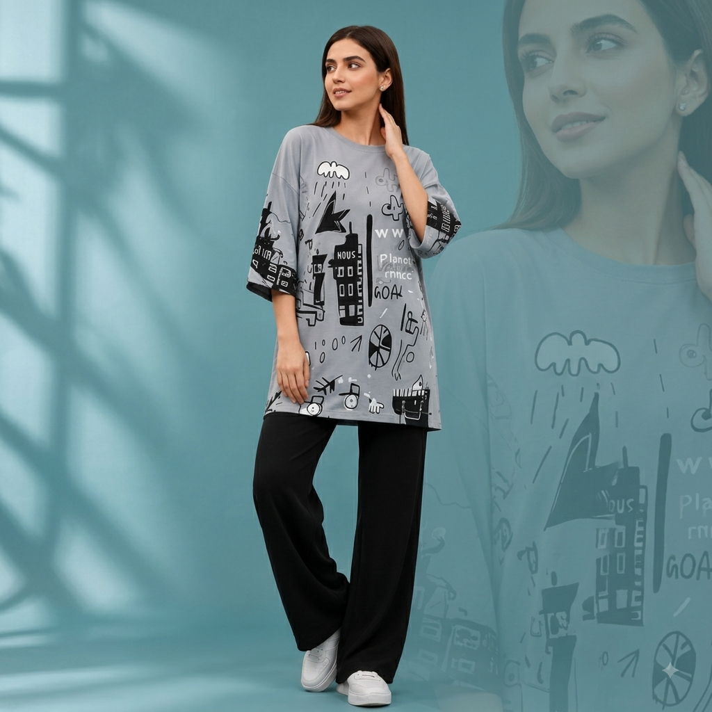 Grey Planet Music With Black Pajama Printed Night Suit Pajama Set