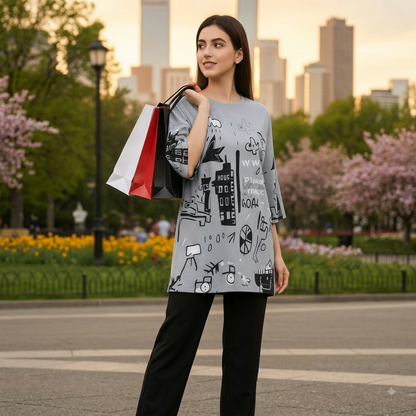 Grey Planet Music With Black Pajama Printed Night Suit Pajama Set