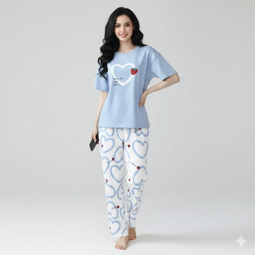 Heart Shape Blue Night Suit Pajama Set