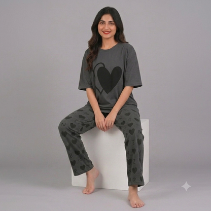 Grey Double Heart Pajama Set