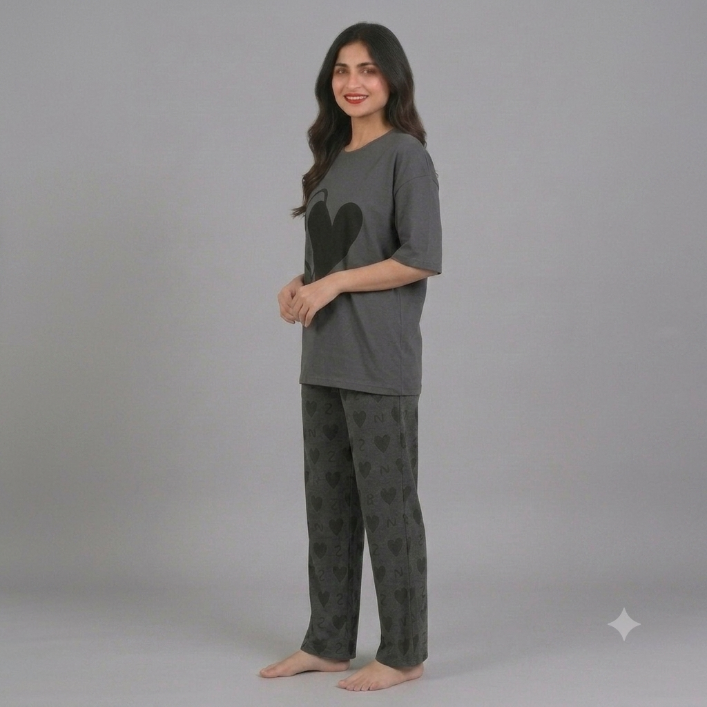 Grey Double Heart Pajama Set
