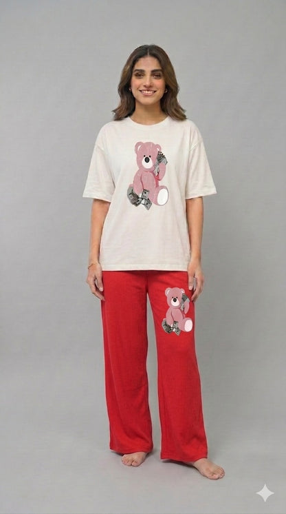 Women’s Teddy Bear Graphic Tee with Trouser Set