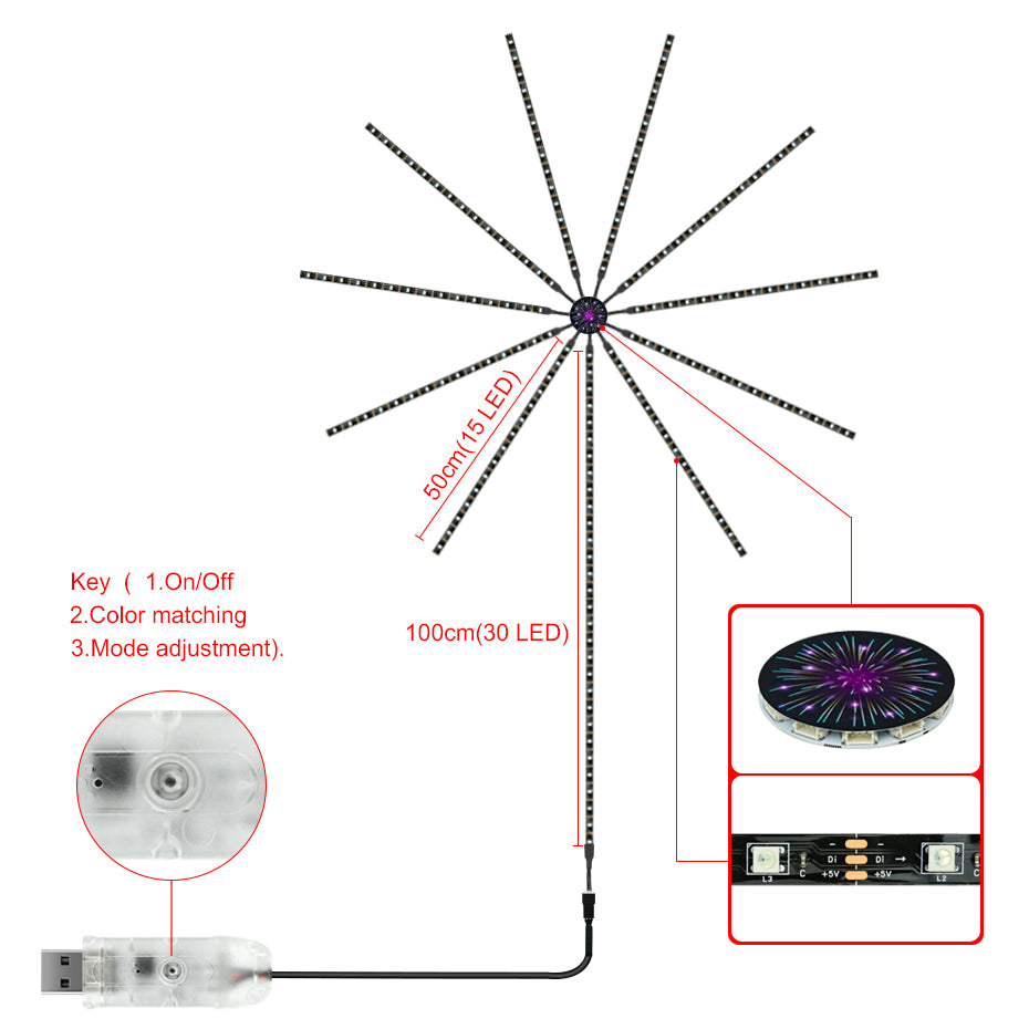 Smart Firework LED Lights Strip Remote Control, Mobile Control, Sound Activated Music and Rotating Fireworks