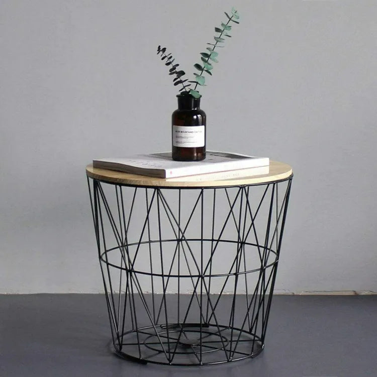 Metal Wire Removable Wood Top Foldable Round Coffee Side Table Storage Basket