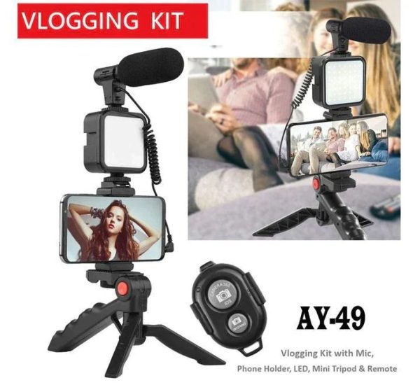 Ay-49 Video Making Kit Mobile Vlogging Tripod Triple Band Light