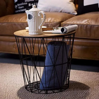 Metal Wire Removable Wood Top Foldable Round Coffee Side Table Storage Basket